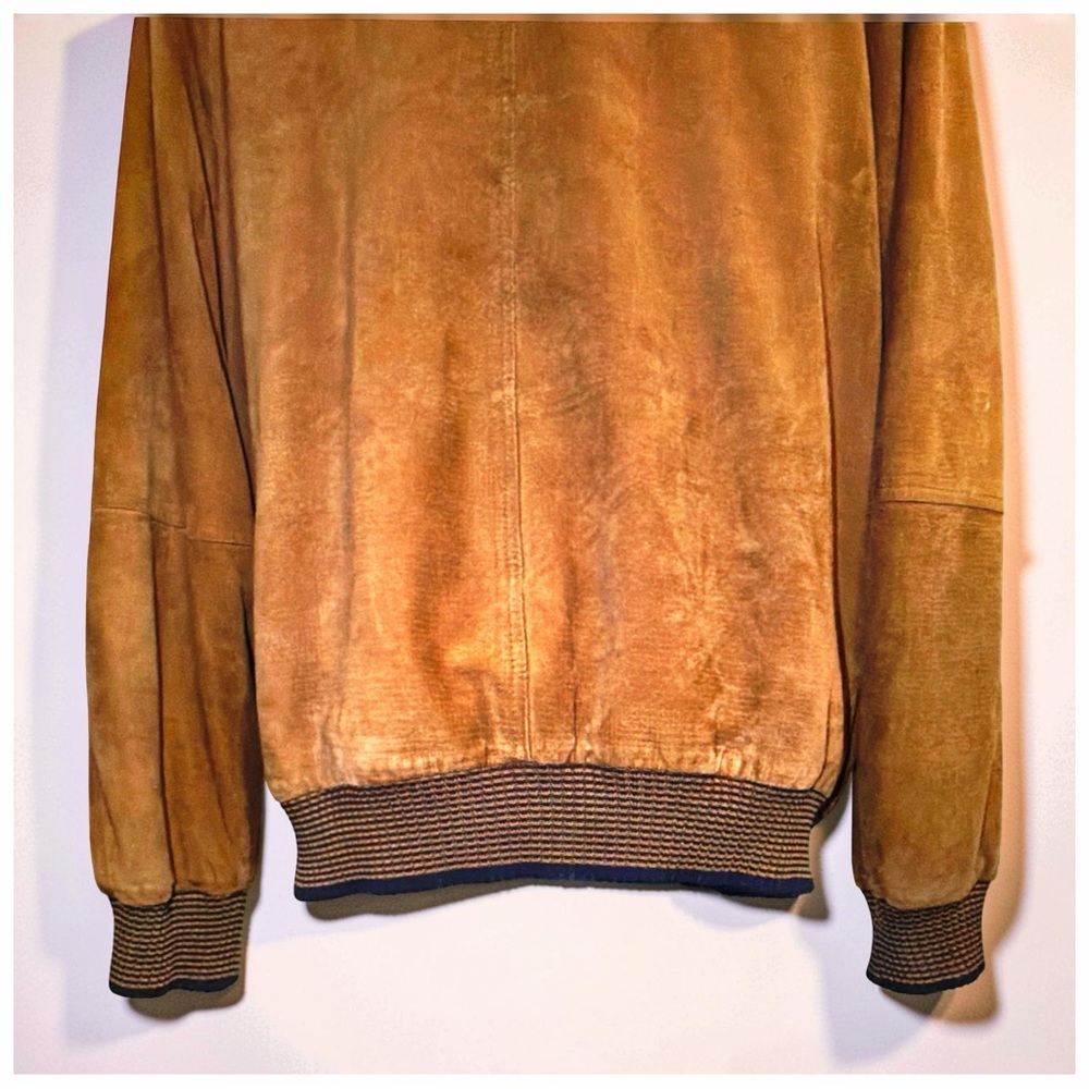 Bijan Men’s Goatskin Suede Bomber Jacket Caramel Cognac Rib Knit Luxury | Large - Picture 11 of 13